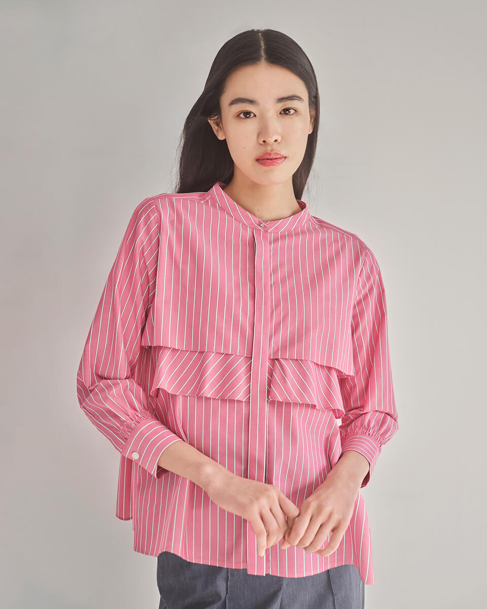 バンブーストライプ フレアブラウス着用画像