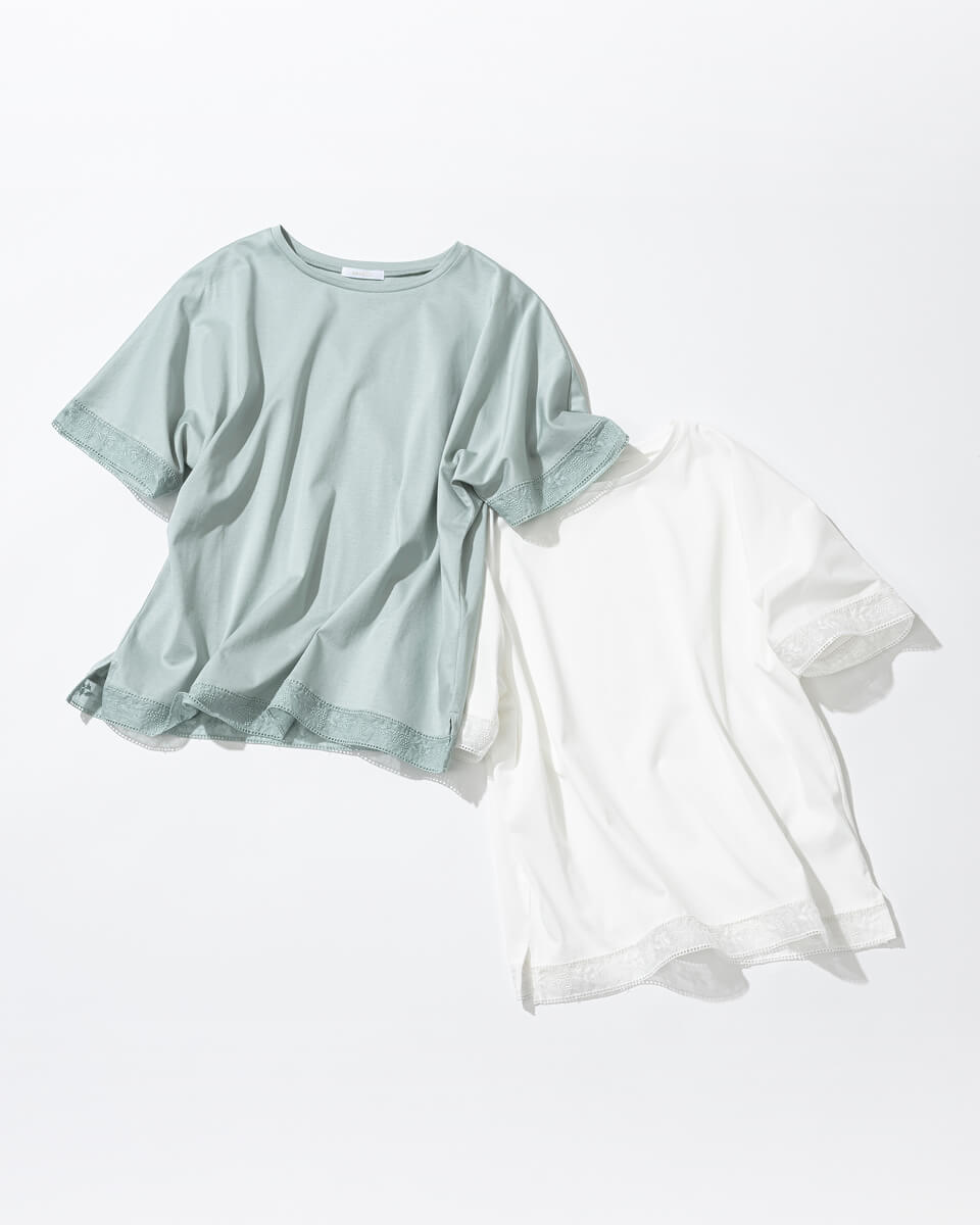 プレーティング天竺 レース切替Tシャツ
