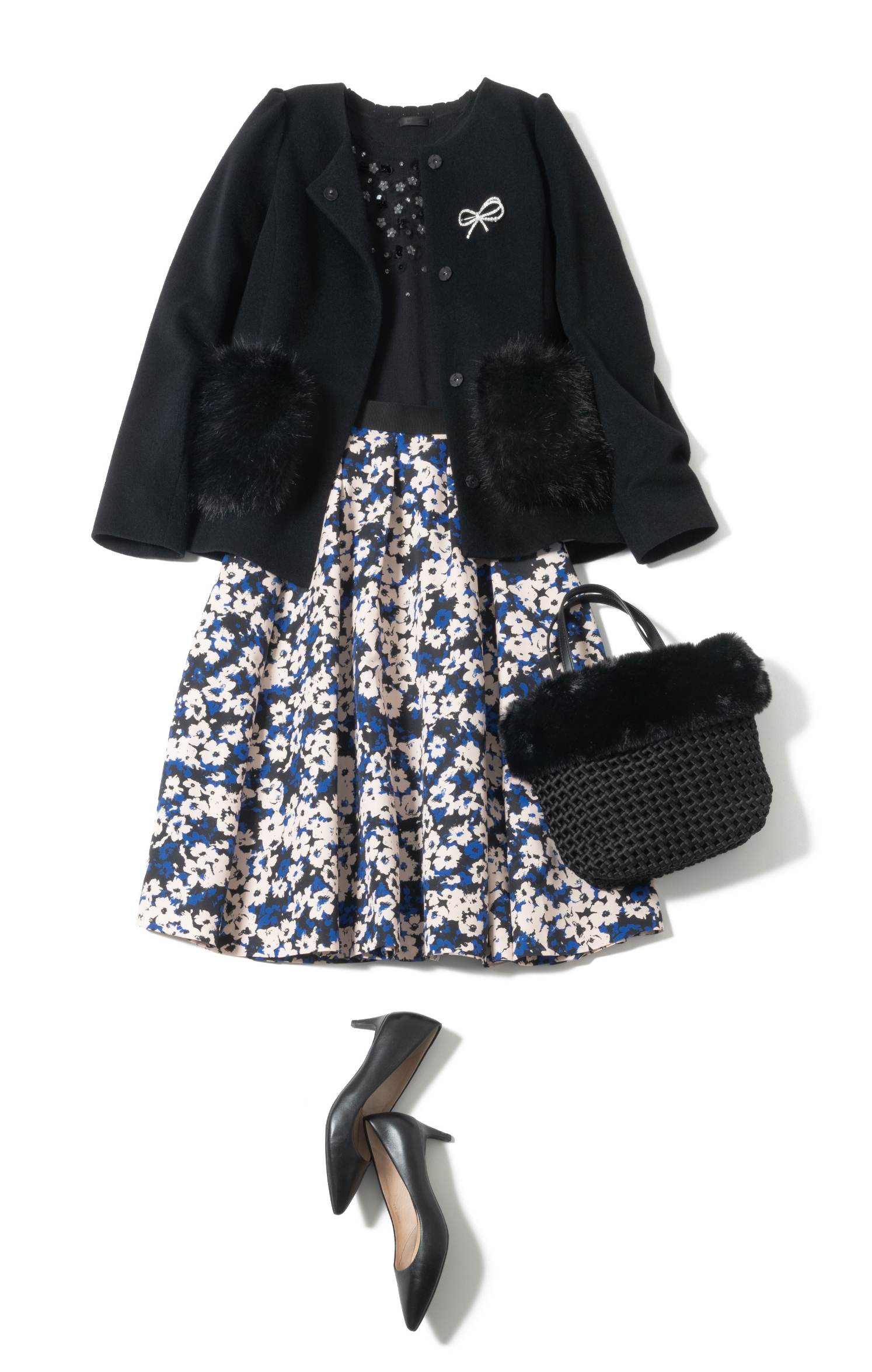 COAT KNIT SKIRT BROOCH BAG